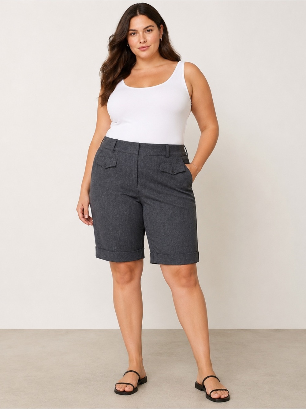 Lane Bryant Women’s 18W Charcoal Cuffed Bermuda Shorts MidRise Office Business